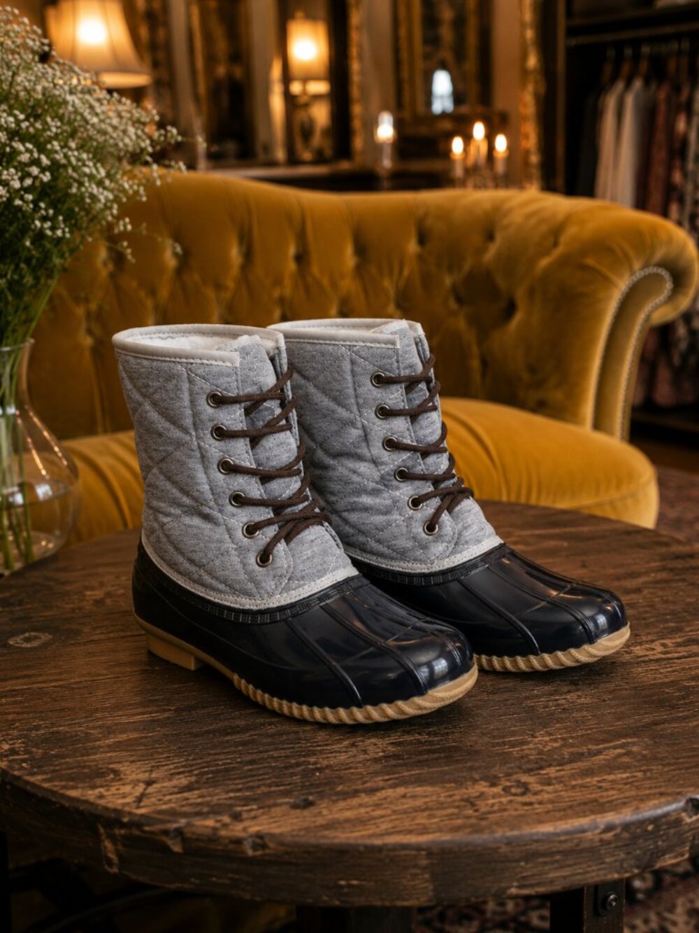 Quilted Duck Boots Gray Black Lace Up Rainboots